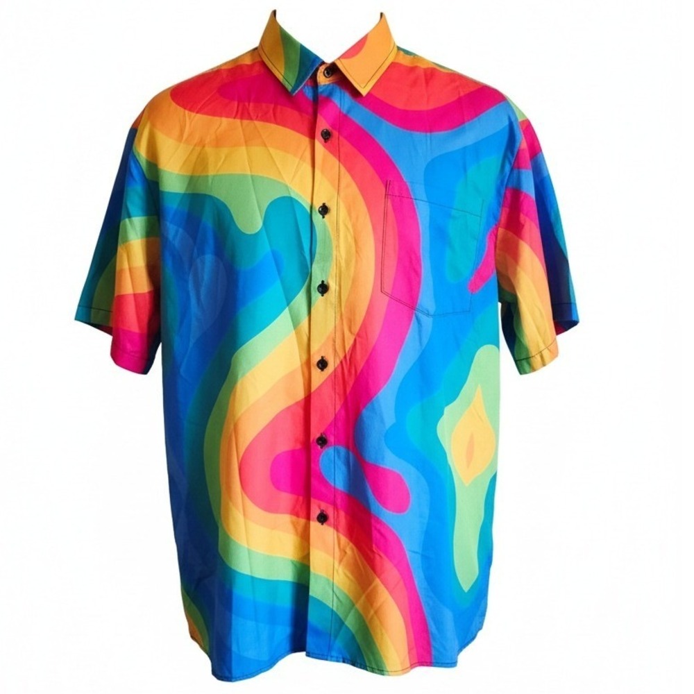 Hardaddy Mens XL Abstract Hawaii Rainbow Swirl Short Sleeve Button Up Shirt NWOT